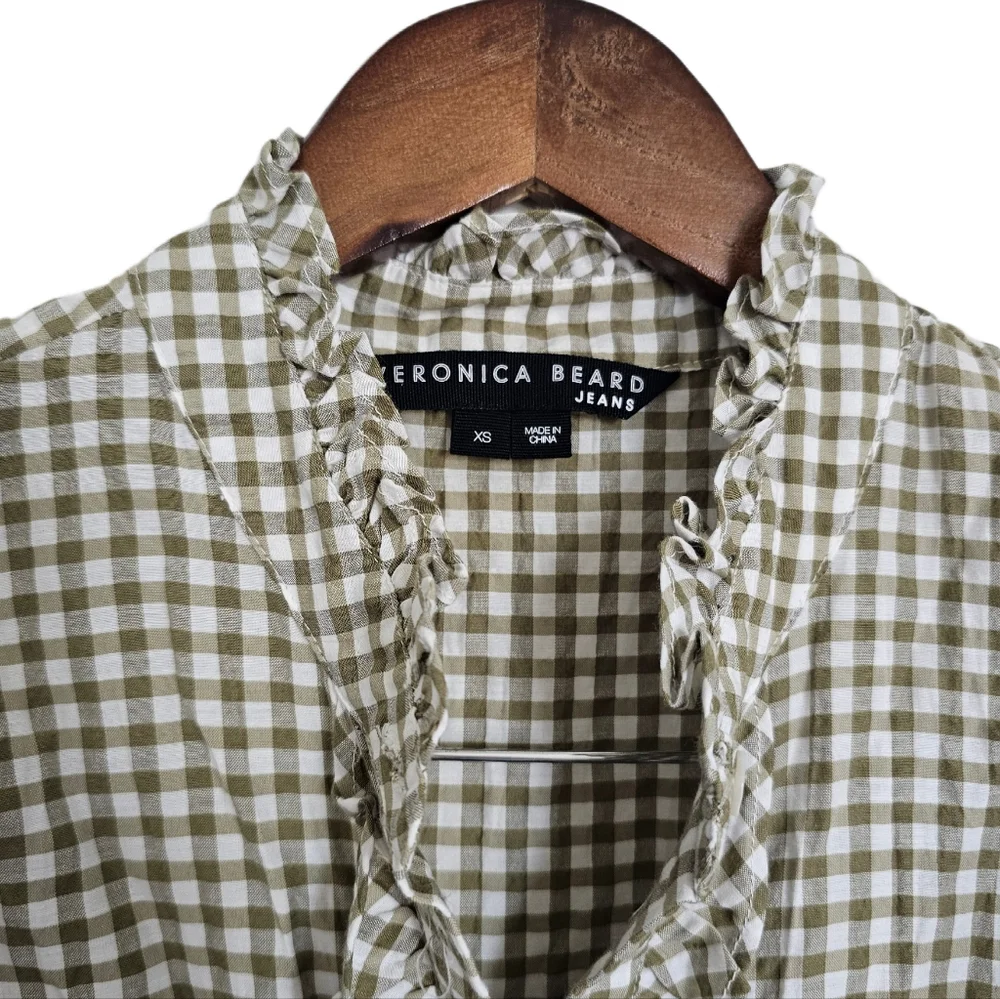Veronica Beard Gingham Green and White Ruffle Button Shirt XS